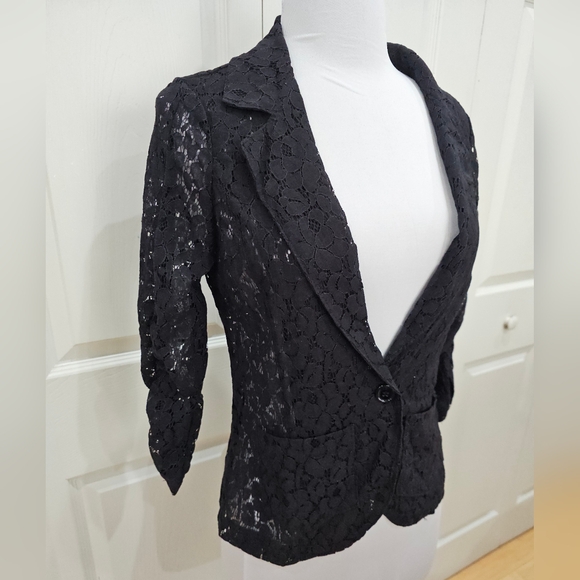 Rue 21 Black Sheer Lace Ruched Sleeve Single Button Blazer Jacket S - Picture 2 of 6